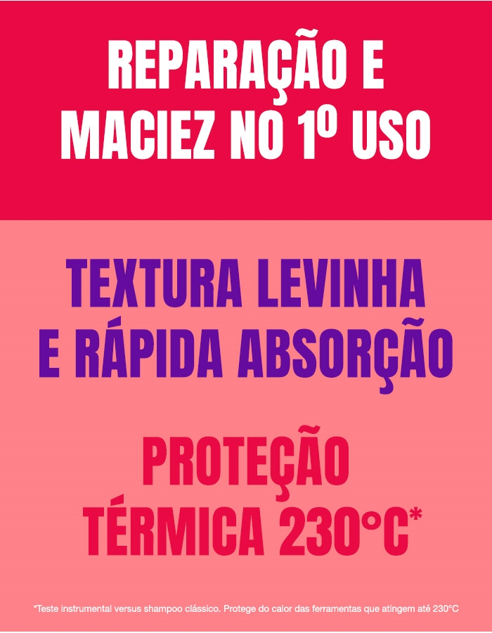 Reparação e maciez no primeiro uso. Textura levinha e rápida absorção. Proteção térmica de 230°C.